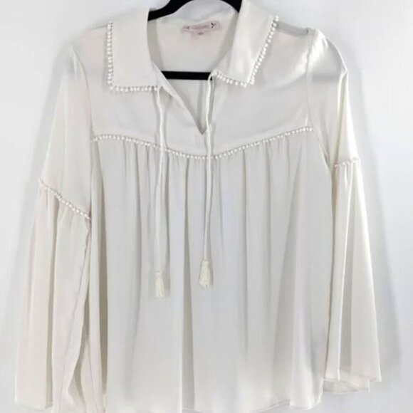 Nanette Lepore Blouse M  Ivory Pom Pom Trim Bell Long Sleeve Top - Picture 2 of 5